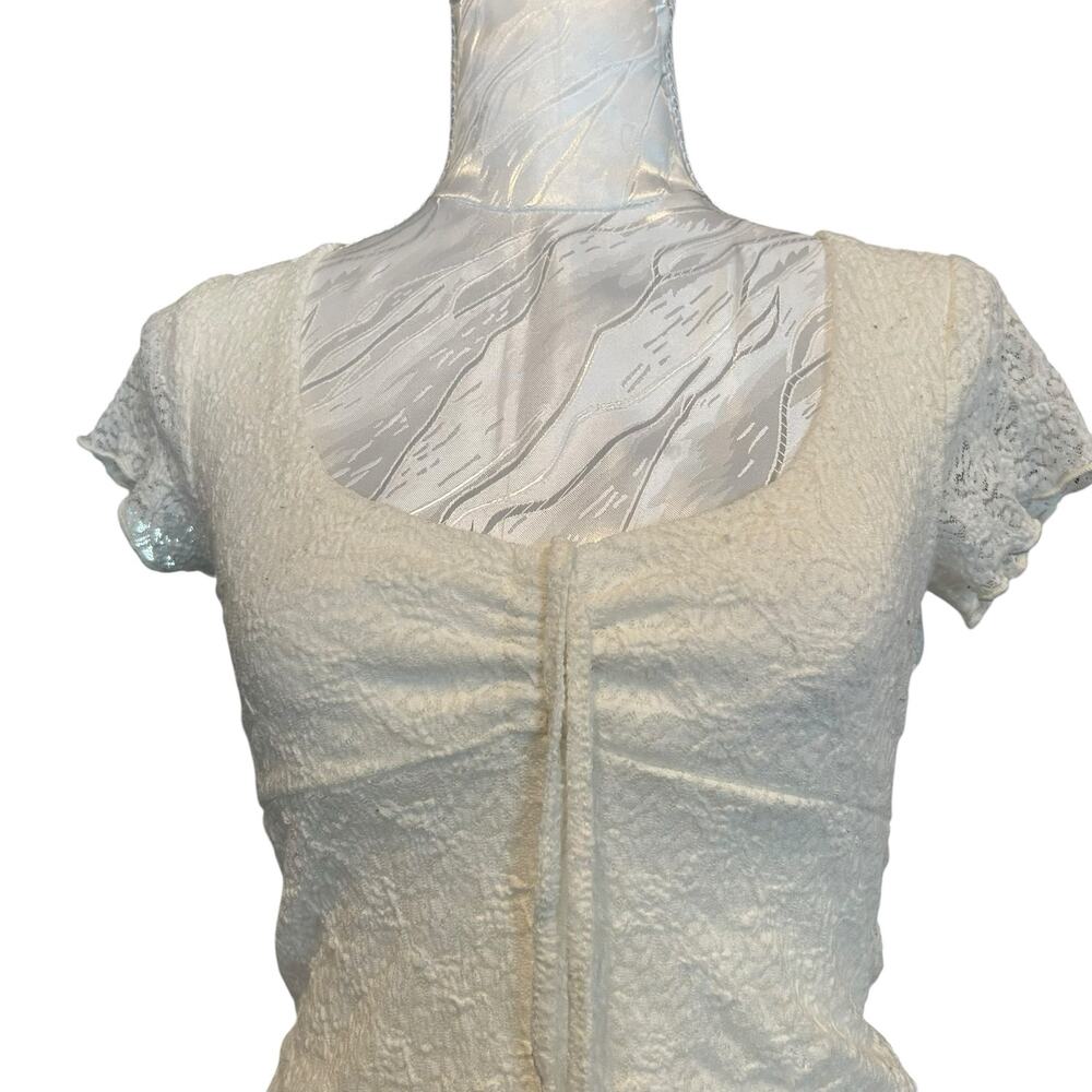 Cream Lace Fitted Scoop Neck Cap Sleeve Tassel Top XS - Picture 4 of 16